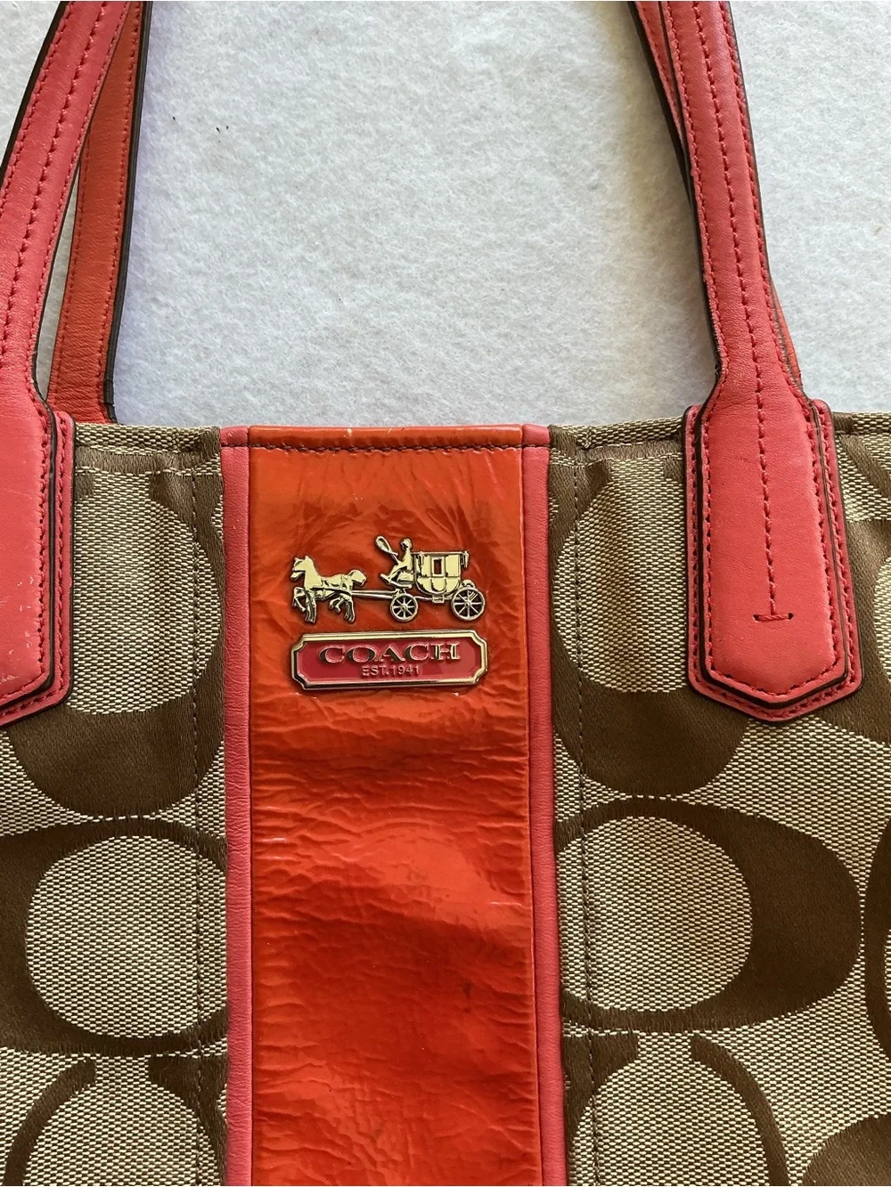 Coach Chelsea Signature Stripe Charlie Tote Khaki Coral‎ Patent Leather Bag